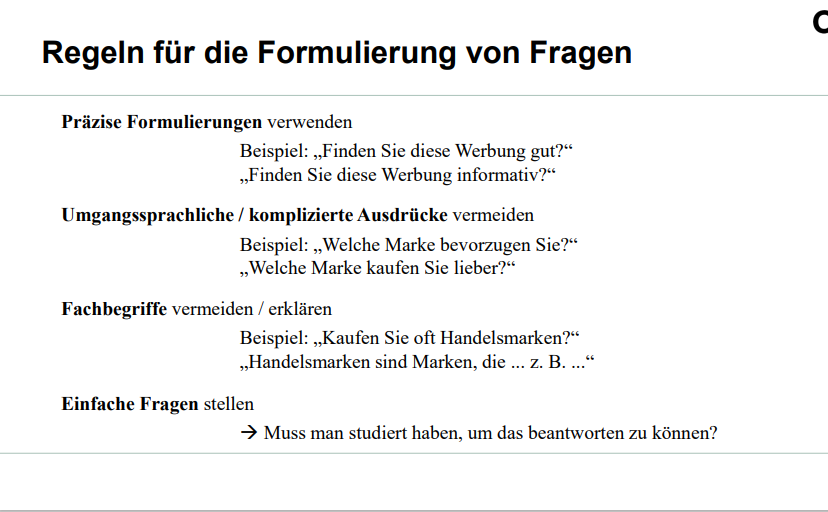 Nennen Sie 4 regeln für die Formulierung von Fragen Marktforschung Repetico