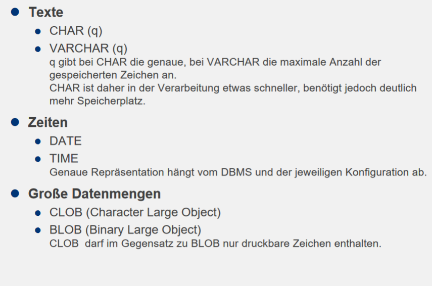 Nennen Sie Datentypen in SQL | DB-Systeme | Repetico